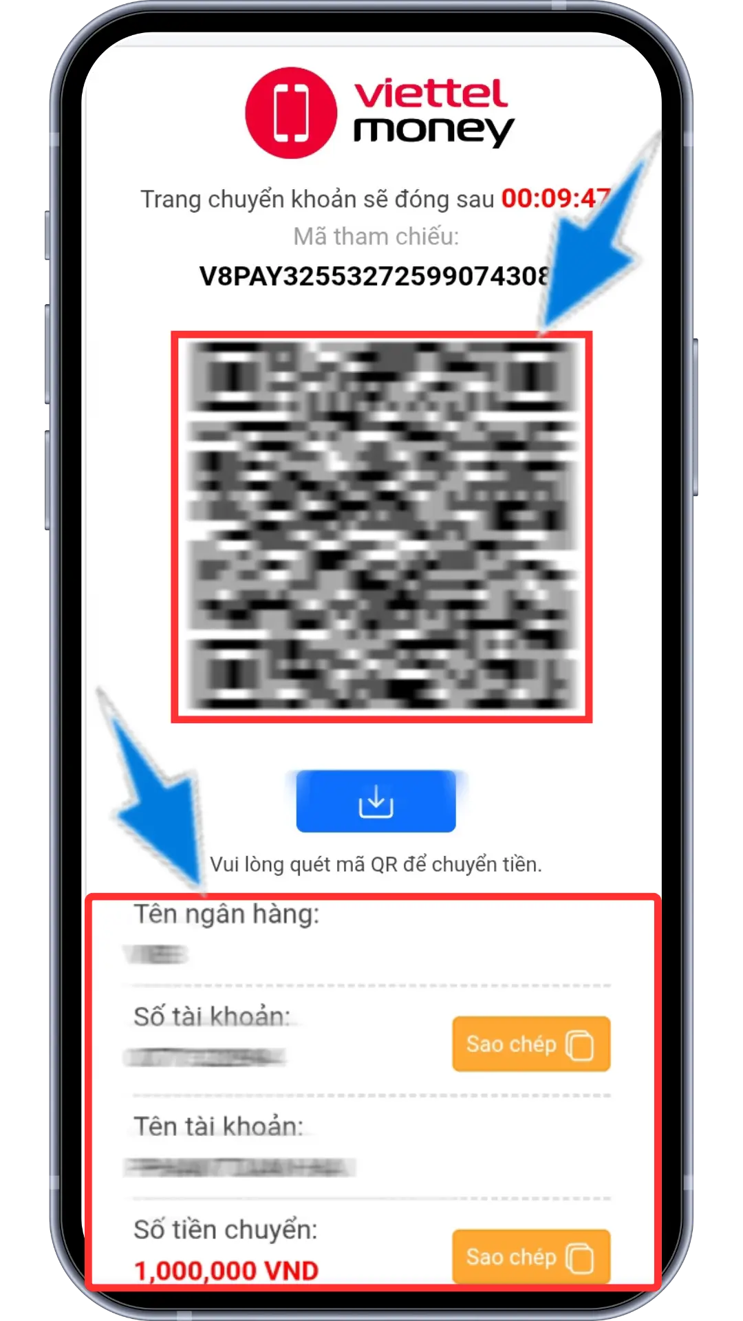 Bước 3: Sao chép thông tin hoặc quét mã để chuyển khoản.
